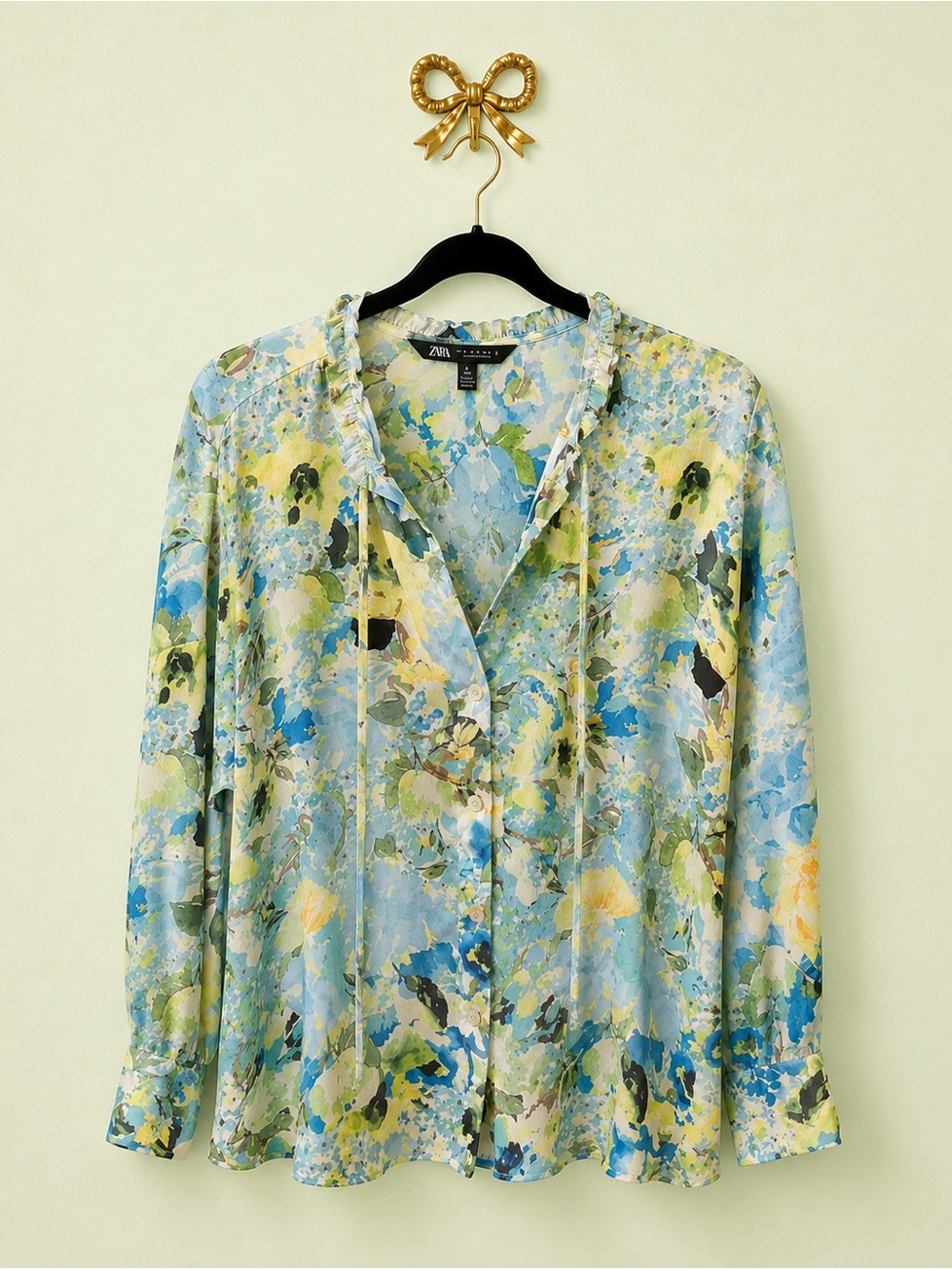 ZARA Blue Green Yellow Floral Tie-Neck Blouse